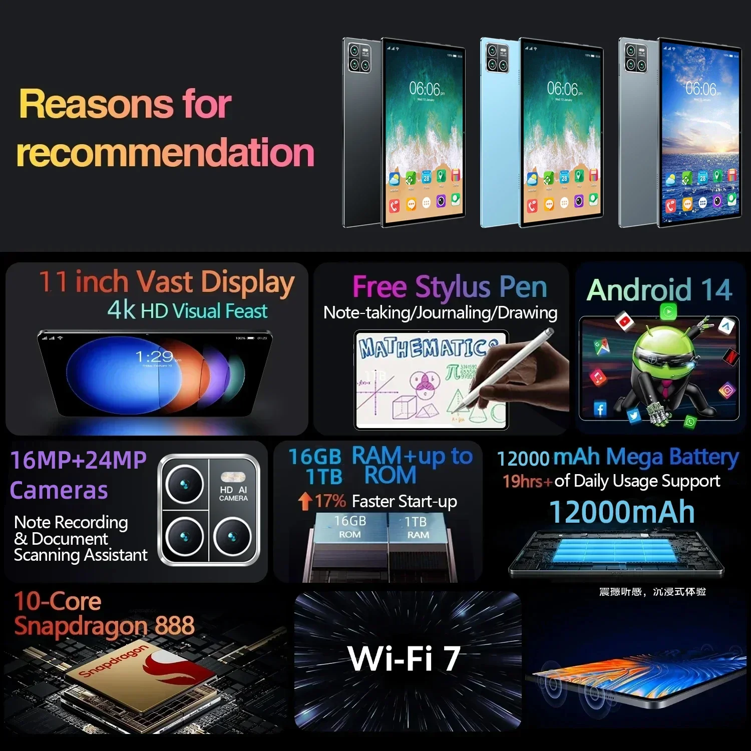 2024 Original Pad 6S Pro Tablet PC Android14 Snapdragon888 11Inch HD 16GB+1TB 12000mAh 5G Dual SIM Bluetooth WiFi GPS Mi Tablets 2