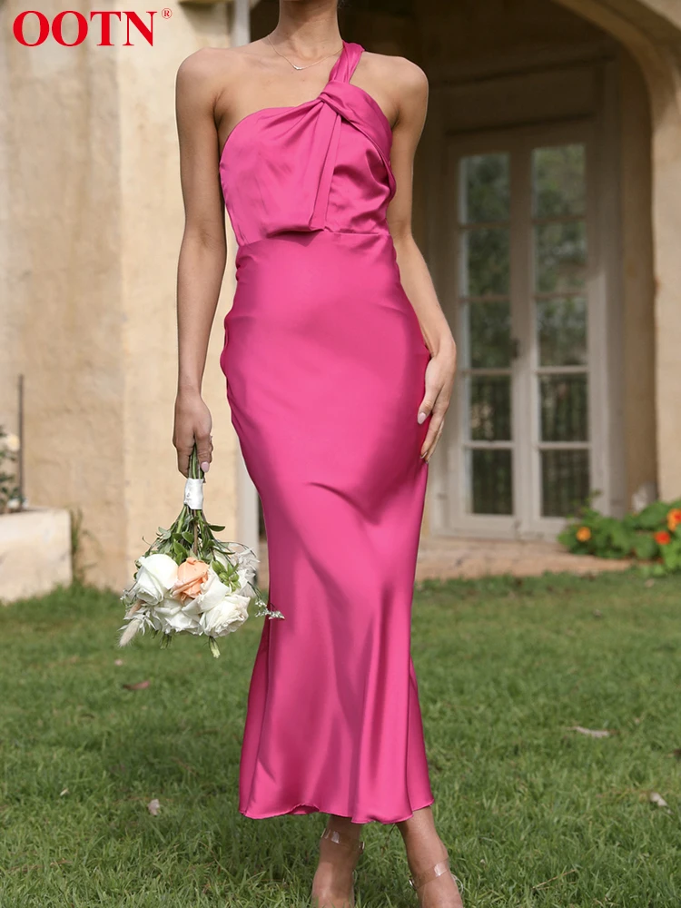 OOTN Sexy Pink One-Shoulder Party Dress Elegant Satin Mid-Calf Dresses Women Asymmetrical Midi Trumpet Dress 2022  All Season