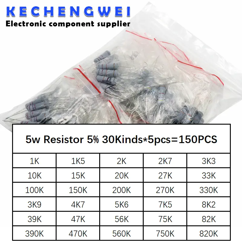 150pcs/lot 5W Power Carbon Film Resistor Kit Assortment Set 1K ohm-820K ohm 5% Resistance Pack 100K 10K 33K 47K 470K Resistors image 1