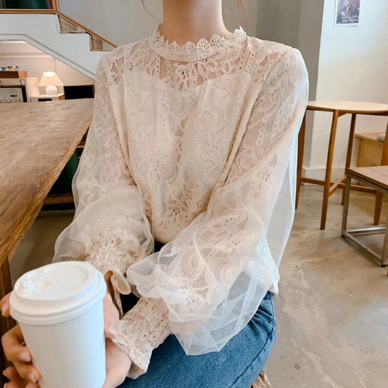 

2024 New Women Spring Autumn One Piece Mesh Lantern Sleeve Lace Bottom Shirt Loose Soft Sweet Top All-match Outdoor