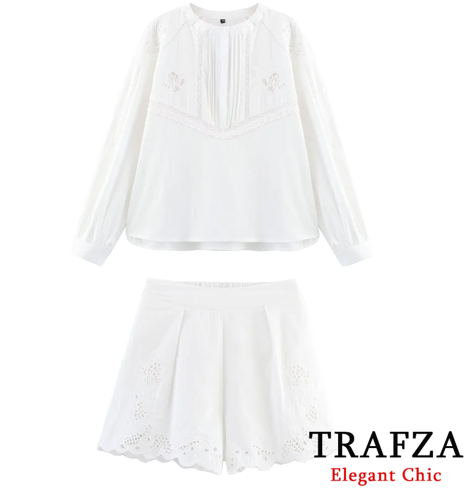 TRAFZA المرأة أنيقة مطرزة مجموعة بيضاء مجموعة تي ش...