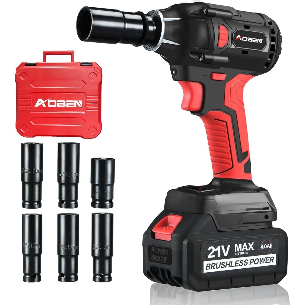 

21V Cordless Impact Wrench, 400N.m Max Torque, 3000rpm Speed, 4.0Ah Li-ion Battery, 6Pcs Driver Sockets, Fast Charger,