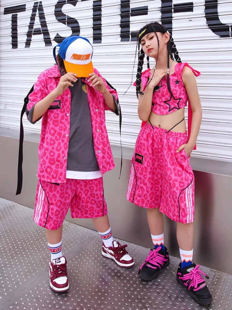 Kids Street Dance Hip Hop Clothes Boys Pink Print Shirt Shorts Girls Jazz Modern Dance Performance Costume Teenagers Casual Wear