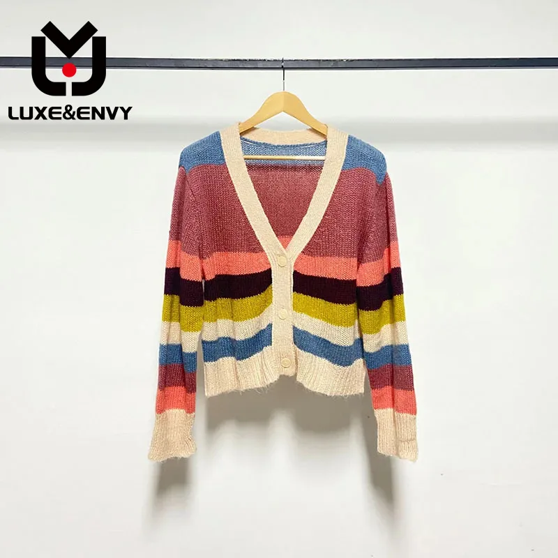 

LUXE&ENVY Early Autumn New Rainbow Stripe Colored Mohair V-neck Knitted Cardigan Sweater Coat Women's Top 2023 Autumn