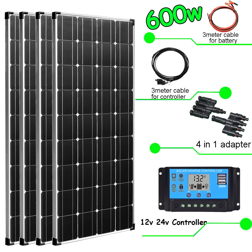 Kit De Panneaux Solaires 300W DC 12V 24V 50A, étanche IP67, Panneau Solaire à Haute Efficacité Et Contrôleur De Chargeur Solaire Pour Camping-car