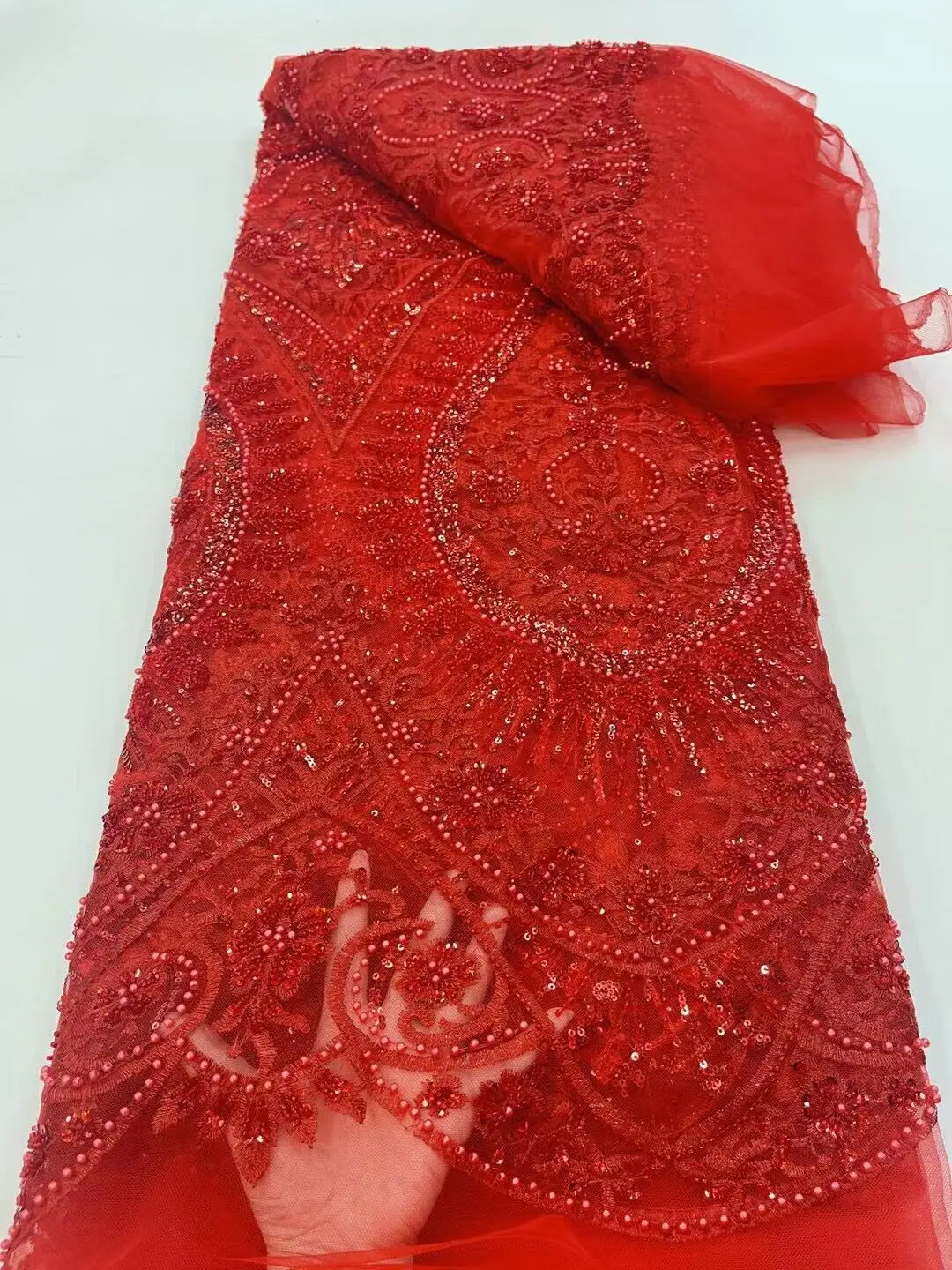 

African Lace Fabric ZH-1206687 High Quality Lace Bead and sequins Fabric French Net Lace For Wedding Bridal Dress