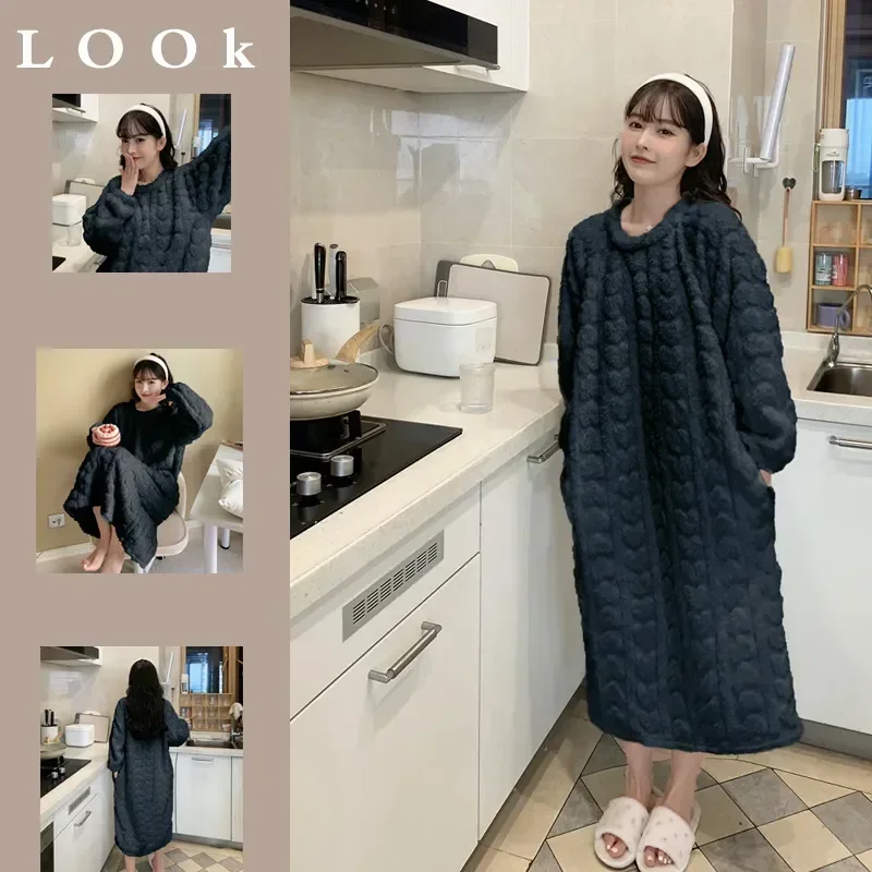 

Fancy Nightgowns Nightdress Plus Winter Flannel Sleepwear Size Night Solid Color Dress Women New Jacquard Warm 2023 Long