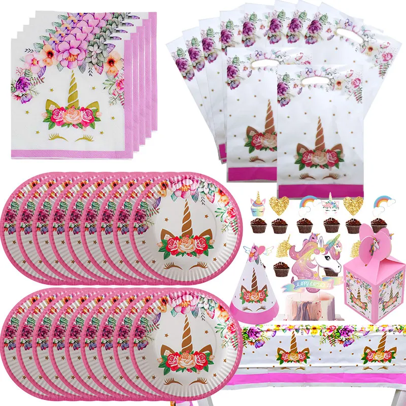 Decoration Unicorn Birthday Girl Tableware Set Balloons Kit Theme Party Gifts Plates Cup Napkins Banner Kids Birthday Supplies