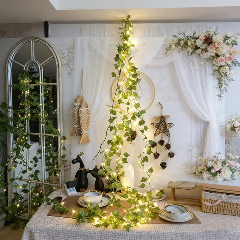 Green Leaf String Lights - Artificial Ivy Vine Fairy Lights for Wedding, Party, and Home Decoration