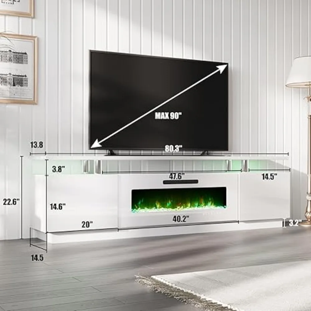 ireplace TV Stand with 40" Fireplace, 80" Modern High Gloss Fireplace Entertainment Center LED Lights, 2 Tier TV Console Cabinet 6