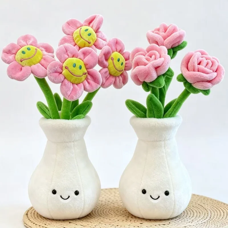 Künstliche Rosen und Sonnenblumen Niedliche Plüsch-Vase Kreative Sträuße Heimdekoration Muttertag Hochzeit Geburtstag Abschlussgeschenke
