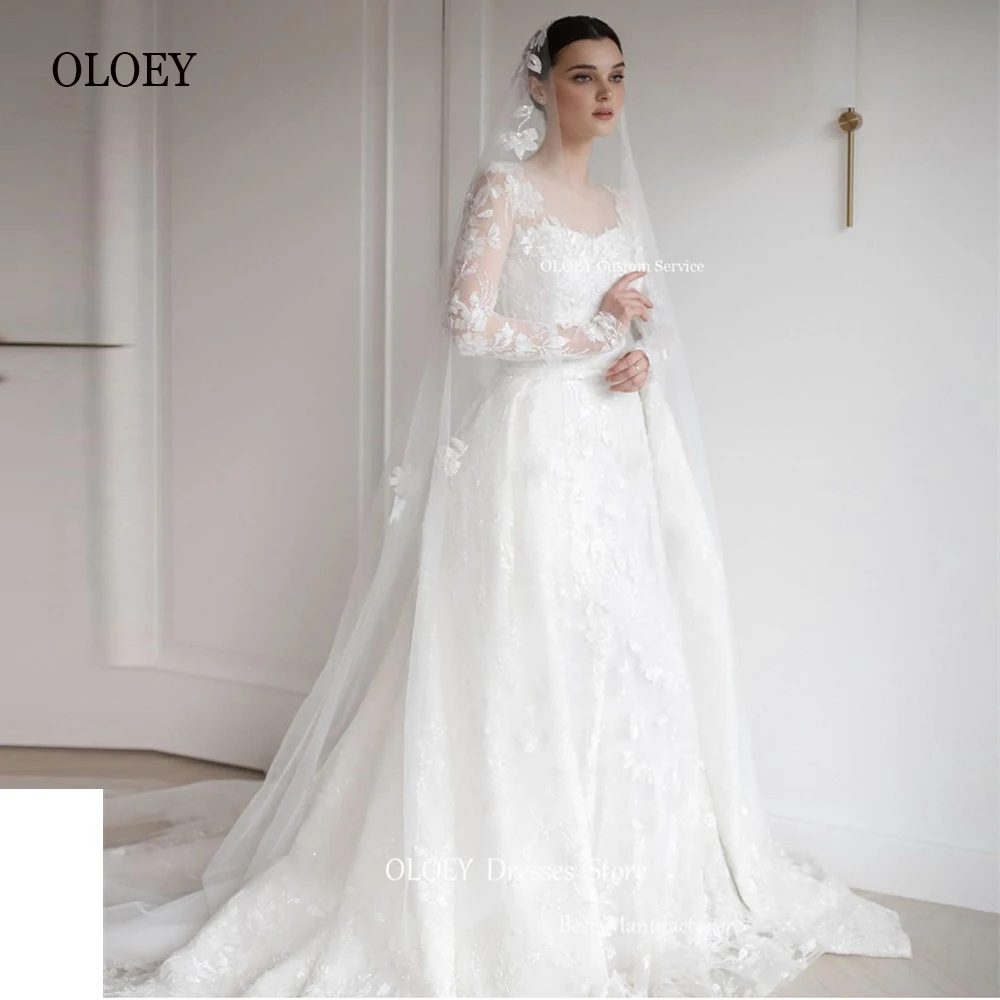 

OLOEY Princess Lace Applique A Line Muslim Arabic Wedding Dresses Long Sleeves Jewel Neck Church Bridal Gowns Elegant Veil