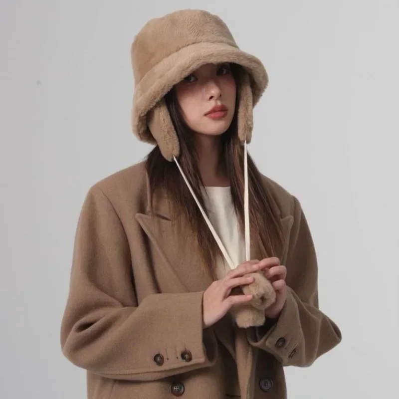 Fur Hat Winter Hat Bomber Winter Warm Bucket Hat for Women Golf Cap Hiking Hat Fur Barrel Cap Cotton Fabric Ear Protection