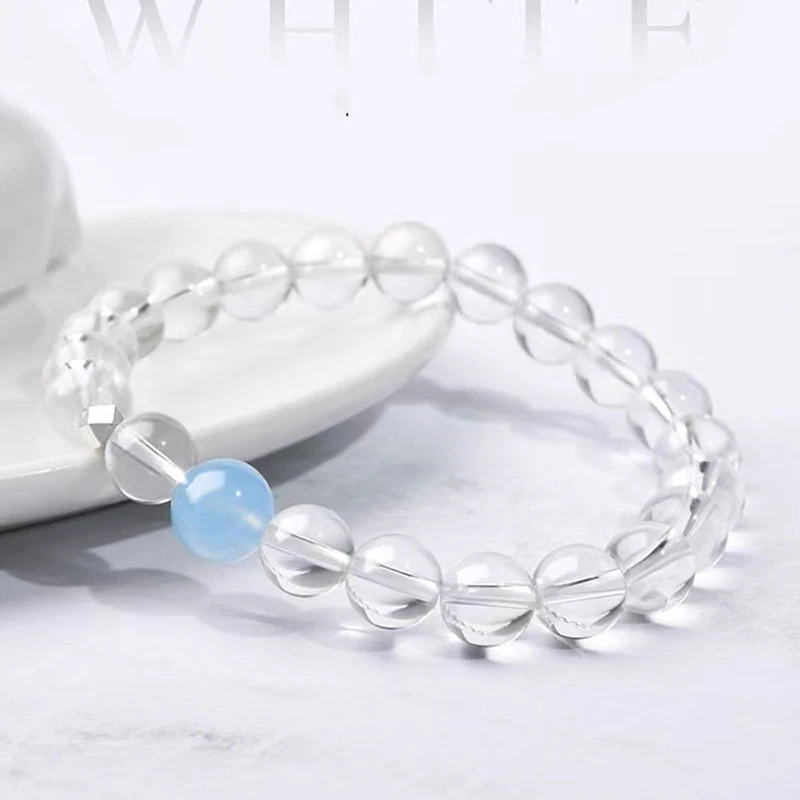 8mm Natural White Crystal Sea Blue Treasure Beaded Bracelet Women's Moon Stone Bracelet