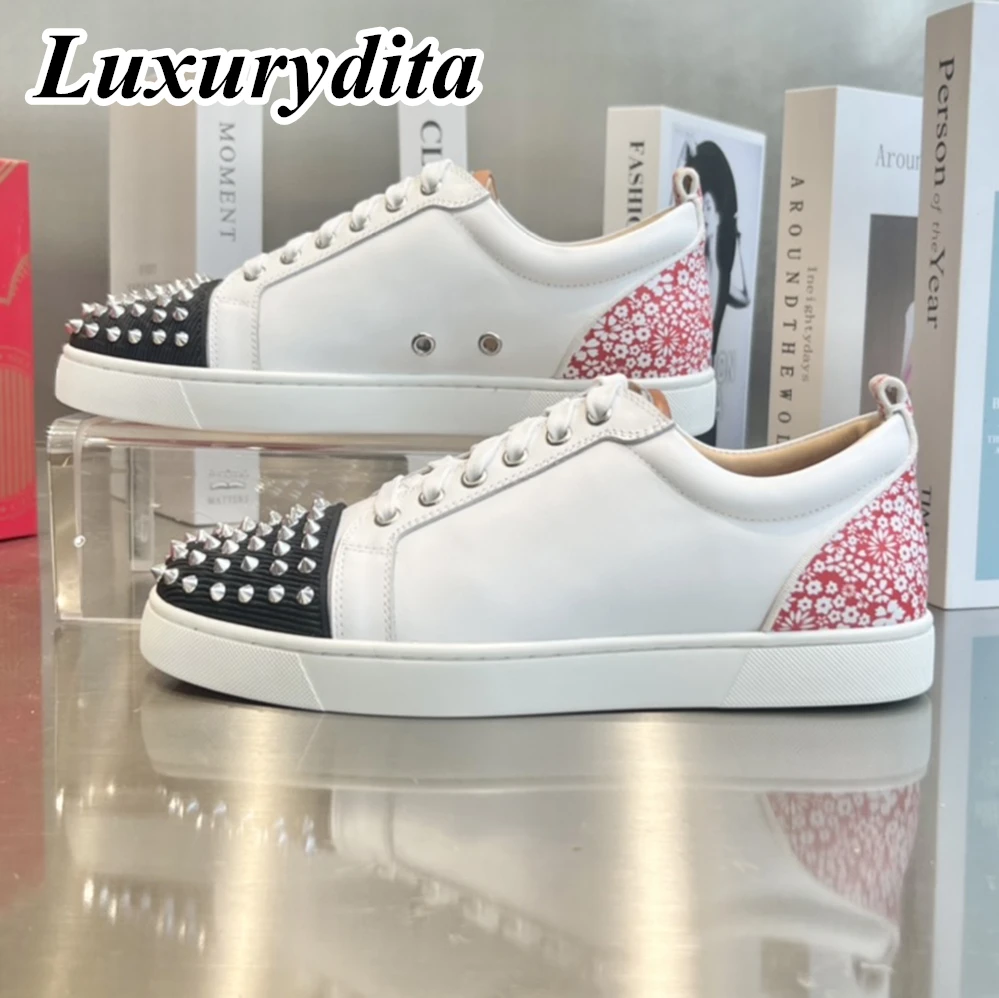 

LUXURYDITA Designer Men Casual Sneakers Real Leather Red sole Luxury Womens Tennis Shoes 35-47 Fashion Unisex loafers HJ888