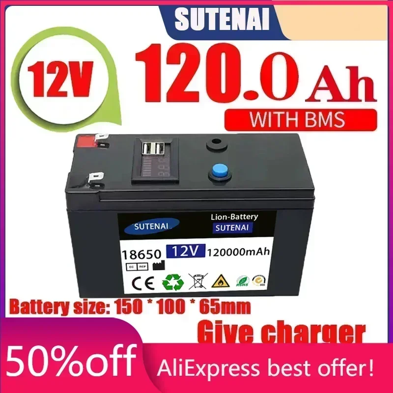 

12V Battery 120Ah 18650 lithium battery pack Rechargeable battery for solar energy electric vehicle battery+12.6v3A charger