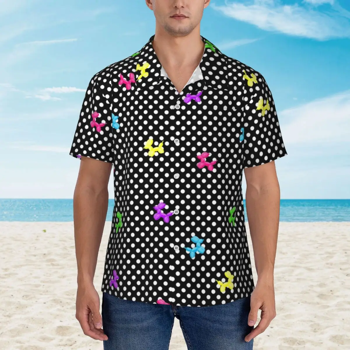 

Colorful Balloon Dogs Beach Shirt Men Polka Dots Print Casual Shirts Hawaii Short Sleeves Design Classic Oversized Blouses Gift