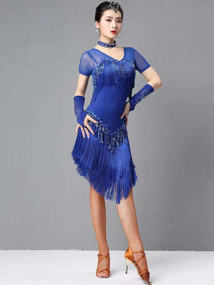 

New Latin Dress Short sleeve Women Samba Costume Party Dresses Sheer Mesh Stretchy Fringes Latin Dress Dance Wear Ballroom Dress