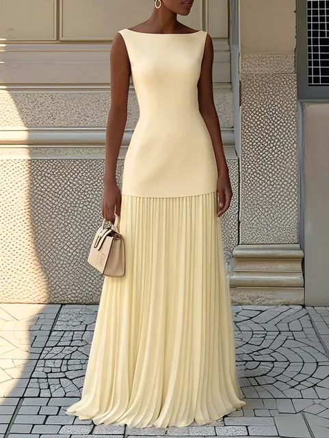 Robe longue plissée patchwork chic et élégante pour femme, sans manches, taille haute, pour soirée, club, bal de promo