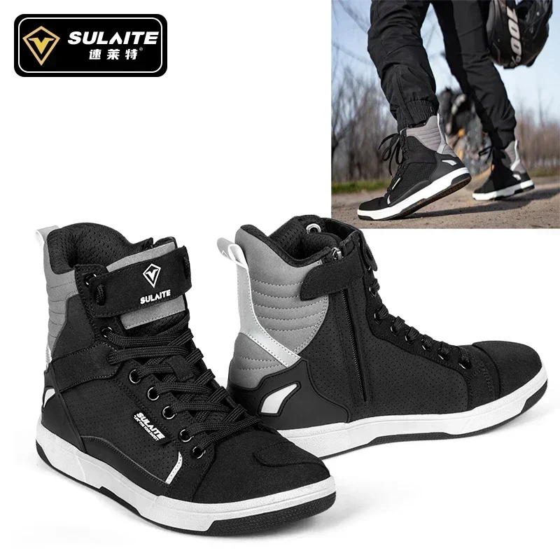 SULAITE Wear Resistant Motocross Protective Shoes Four Seasons Breathable Motorcycle Boots Moto Equip Reflective Moto Shoes