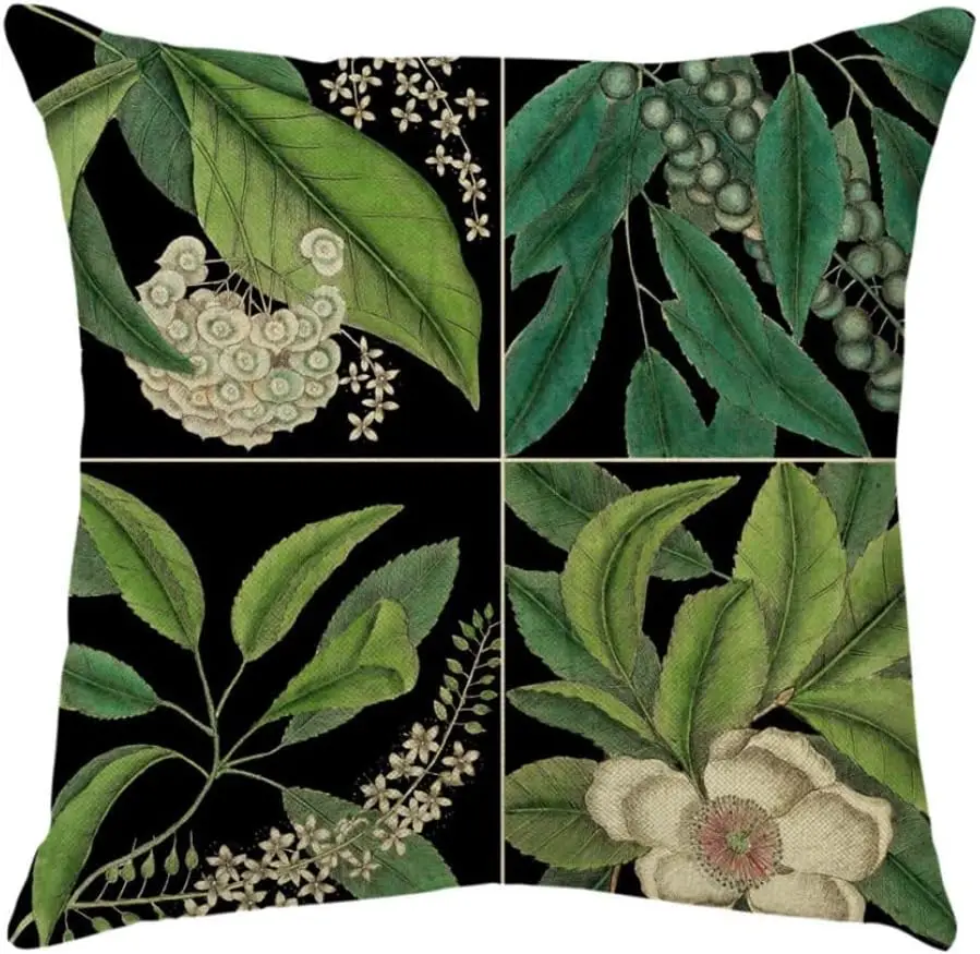 BlackPillowCover5050PillowcaseGreenLeafFloralDecorationsLinen