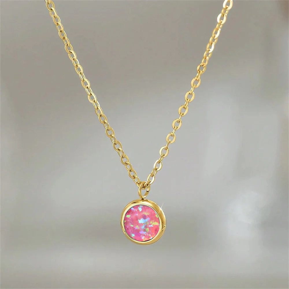 Blue White Opal Small Round Stone Pendant Rainbow Necklaces For Women Vintage Gold Color O Chain Wedding Jewelry Versatile Gifts
