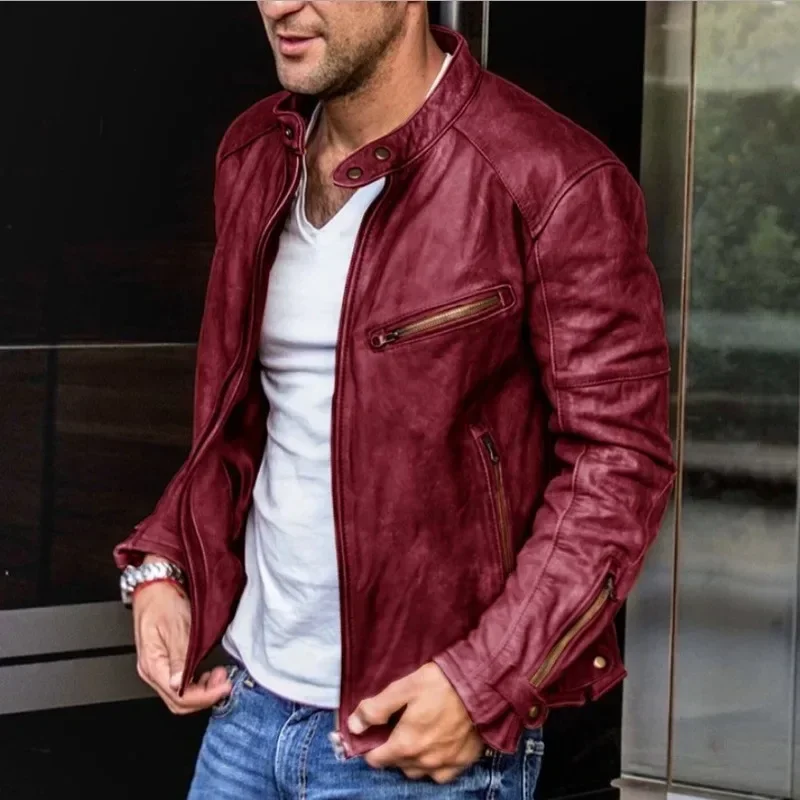 Men's Casual Zipper Button Jacket Autumn Winter Vintage Faux Leather PU Jacket Men's Long Sleeve Stand Collar Motorcycle Jacket