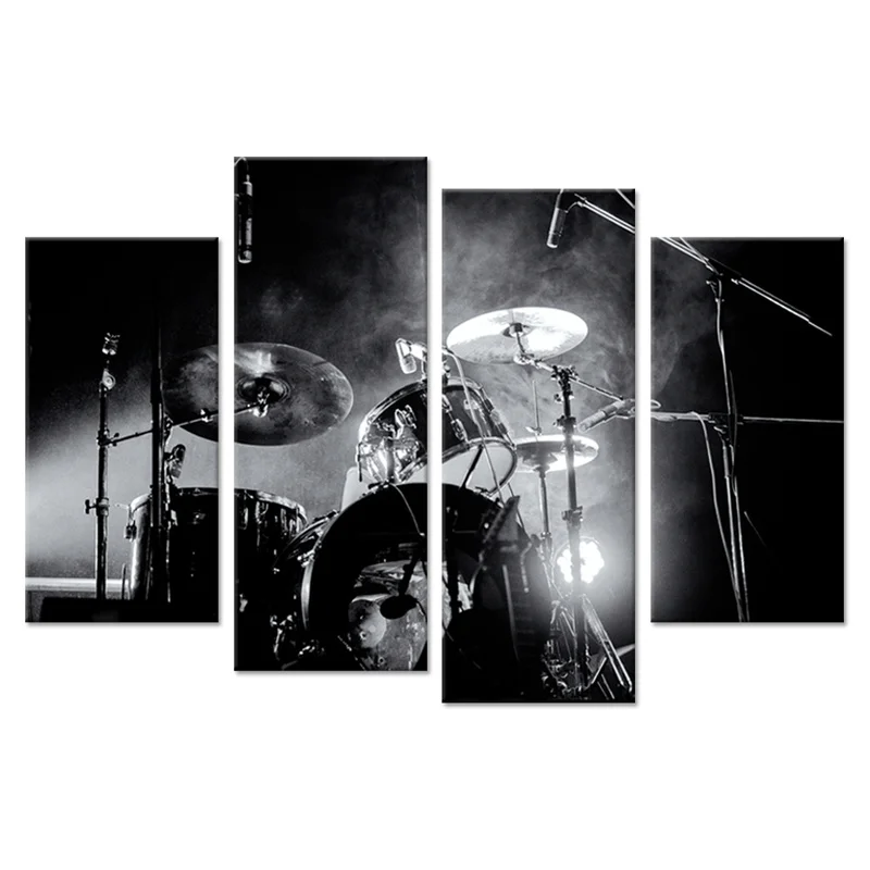 

4 Pieces Band Shelf Drum Set Home Decor Canvas Painting Black and White Poster Print Modern Style Picture Living Room Wall Art
