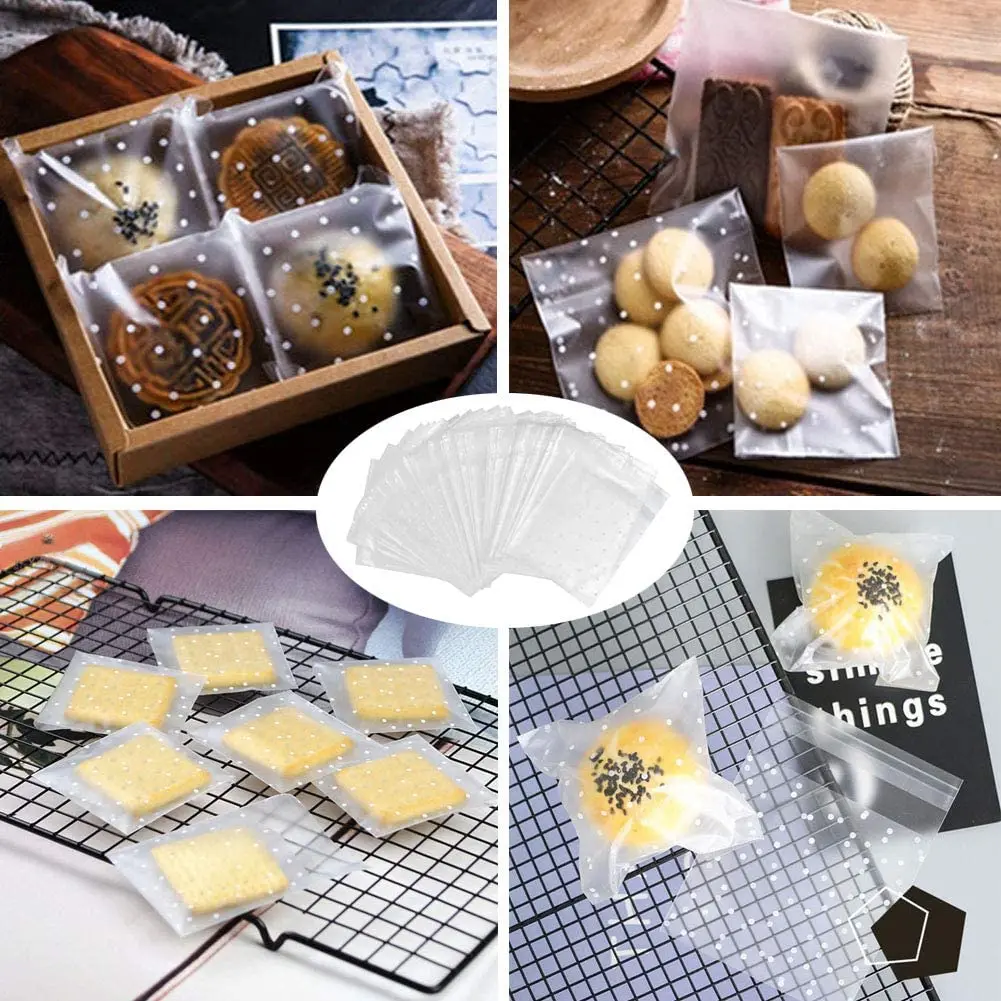 100 stücke transparente Zellophan-Bonbon tüten aus Kunststoff selbst klebende weiße Tupfen-Bonbon-Keks-Geschenkt üten für die Hochzeits geburtstags feier – Detail 6