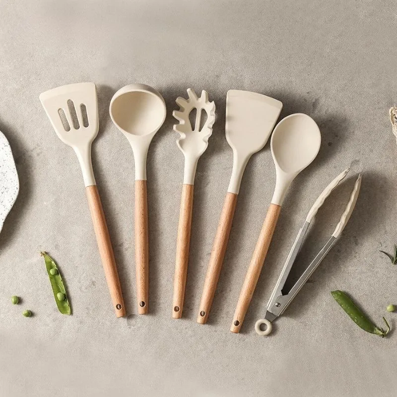 3Pcs Kitchen Silicone Pot Spoon Spatula with Wooden Handle Non-stick Kitchenware Utensils