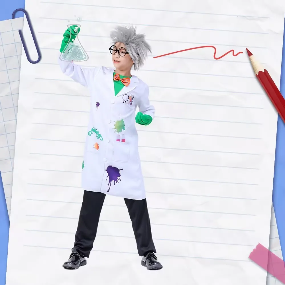 Girls Mad Scientist Costume Set - Lab Coat, Goggles, Hair Extensions, Bow Tie & Beaker For Halloween Dress Up - View #3