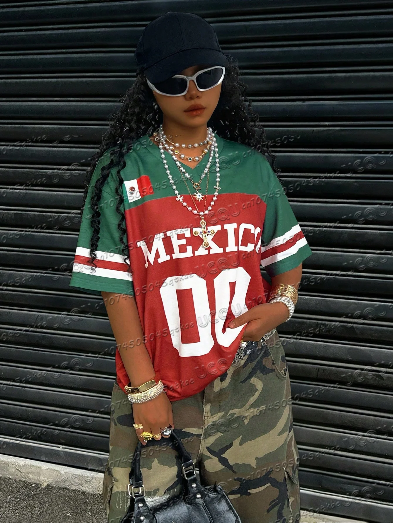 Mexican Sports Jersey T-Shirt V-Neck Loose Short Sleeved Summer