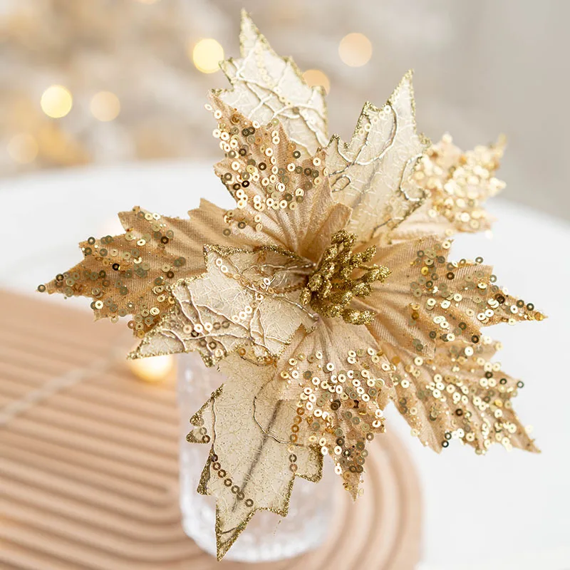 thumbnail image 1 of Flor de Navidad de simulación dorada Flor decorativa para árbol de Navidad 20 cm Terciopelo con lentejuelas Ecoration, 1 of 5