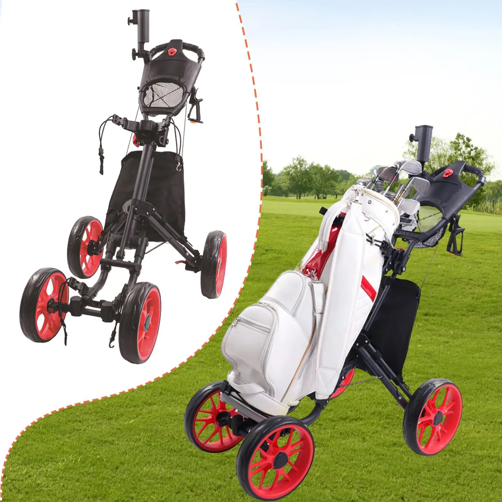 골프 푸시 카트, 컴팩트 4륜, 휴대용, 접이식 골프 트롤리 다기능, 알루미늄 합금
