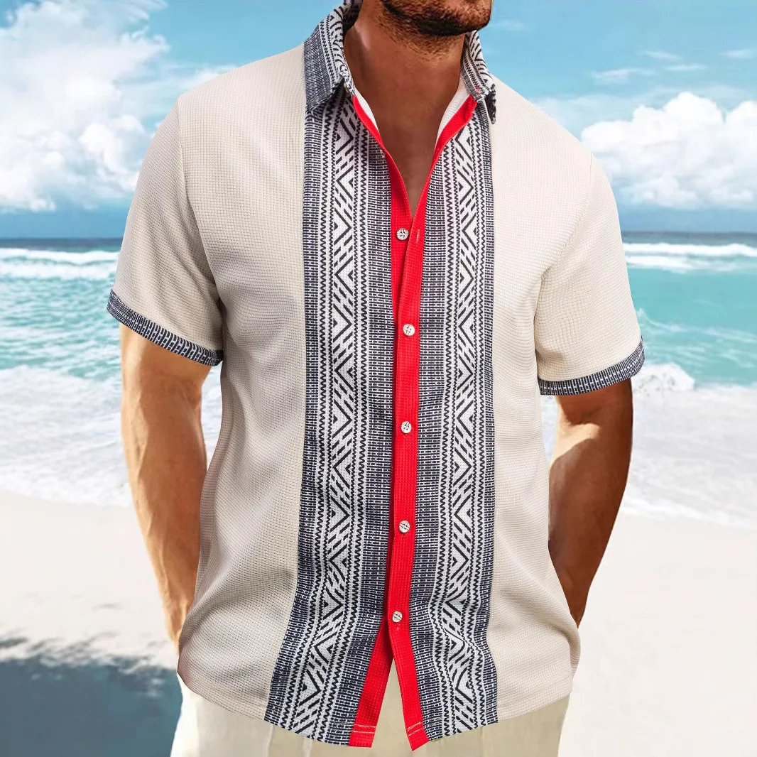 2025 Men's Waffle light ripe casual lapel cardigan patchwork buttons fashion urban summer beach short-sleeved shirt top 2