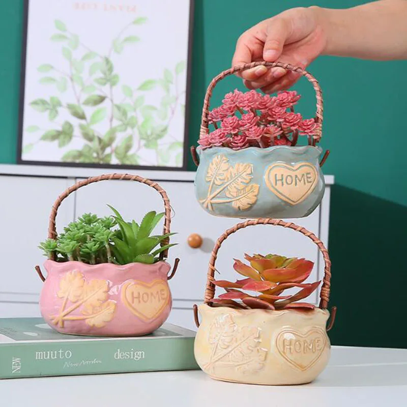 

Nordic Style Ceramic Portable Basket Succulent Plant Pot Creative Breathable Vase Flowerpot Desktop Ornaments Home Garden Decor