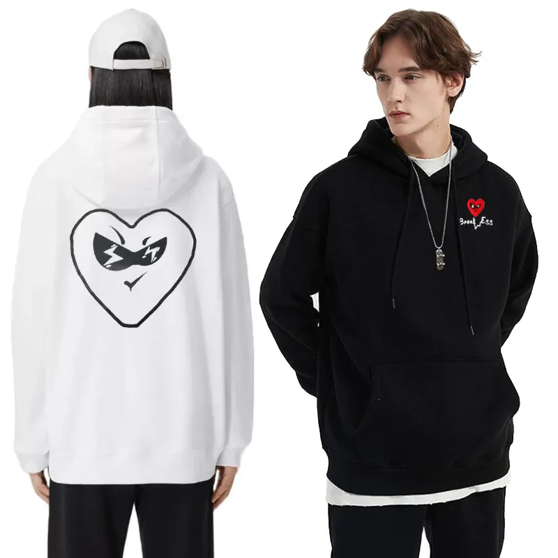 

Break Egg Men Women Hoodie Heart Glasses Embroidery Back Cartoon Hollowed Heart Print Cotton Thick Pullover Loose Autumn Sweater