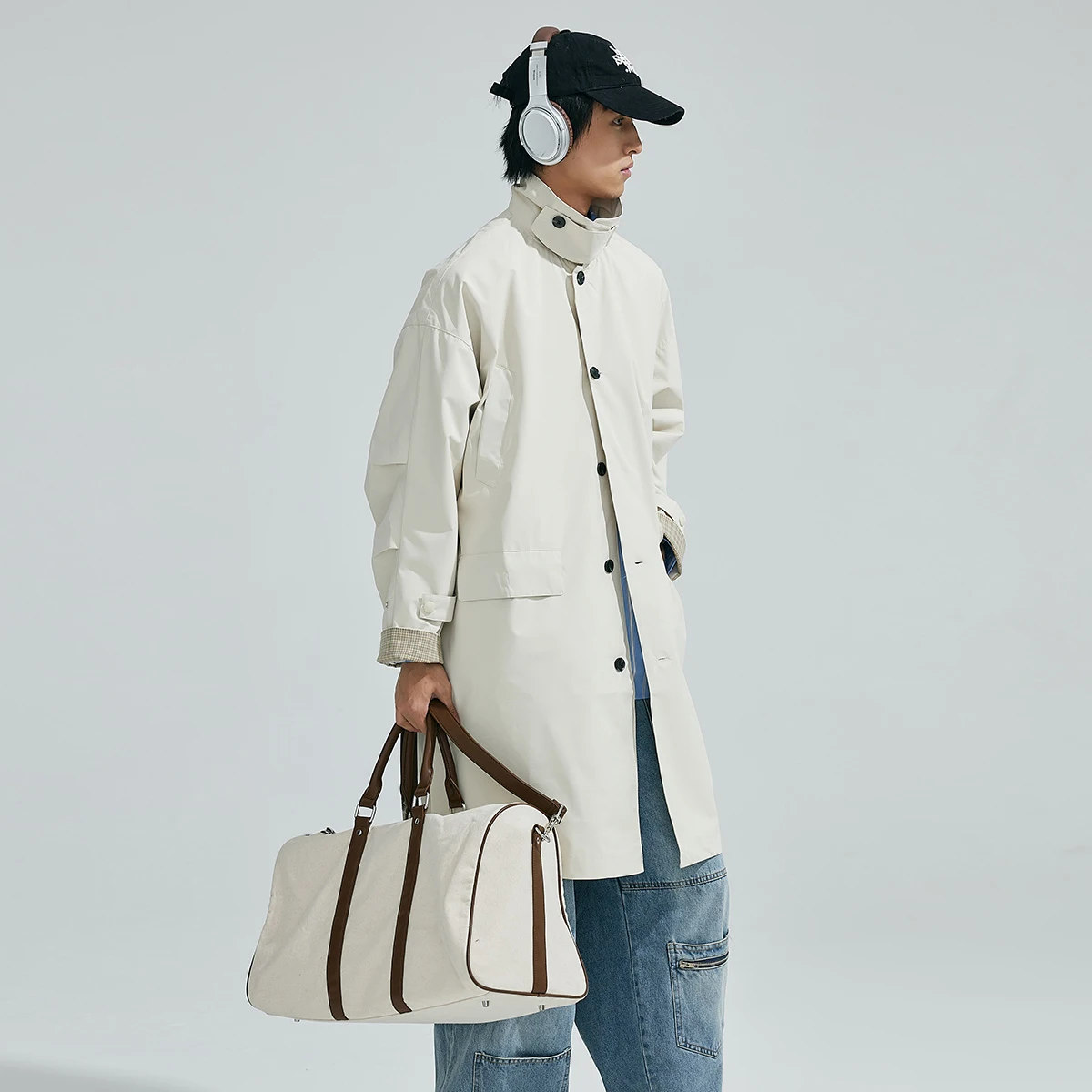 Japanese Style Autumn Trench Coat While Daily Casual Luxury Stand Up Collar Jacket Outwear Loose Windbreaker for Men and Women