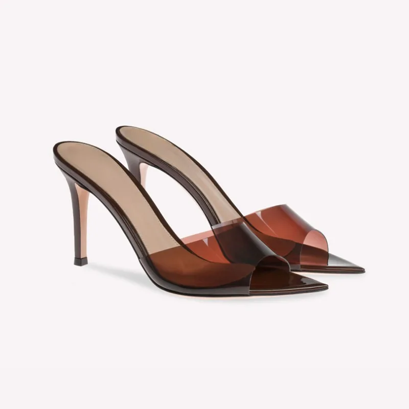 

European American Transparent 8.5cm High Heel Outdoor Slippers Brand Women Pointed Open Toe Fashion Elegant Sexy Sandals Size 42