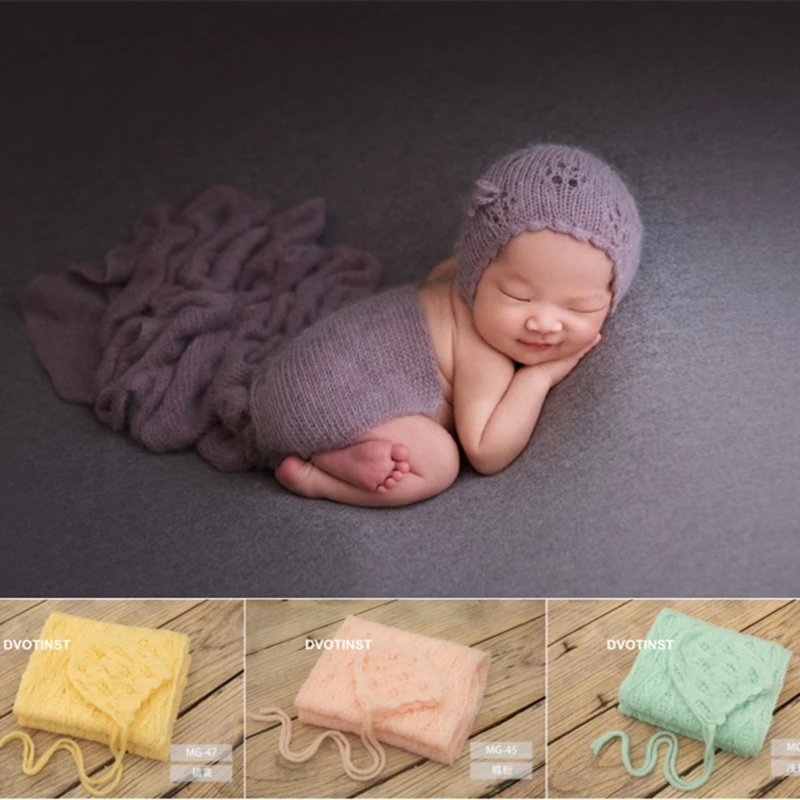 

Dvotinst Newborn Photography Props for Baby Soft Handmade Knitted Wrap Hat Bonnet 2pcs Studio Shoots Fotografia Photo Props