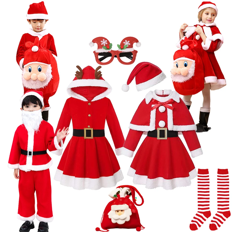 

Kids Girls Xmas Claus Santa Outifits Christmas Costume Children Xmas Party Velvet Long Sleeve Underskirt Hooded Dress With Belt