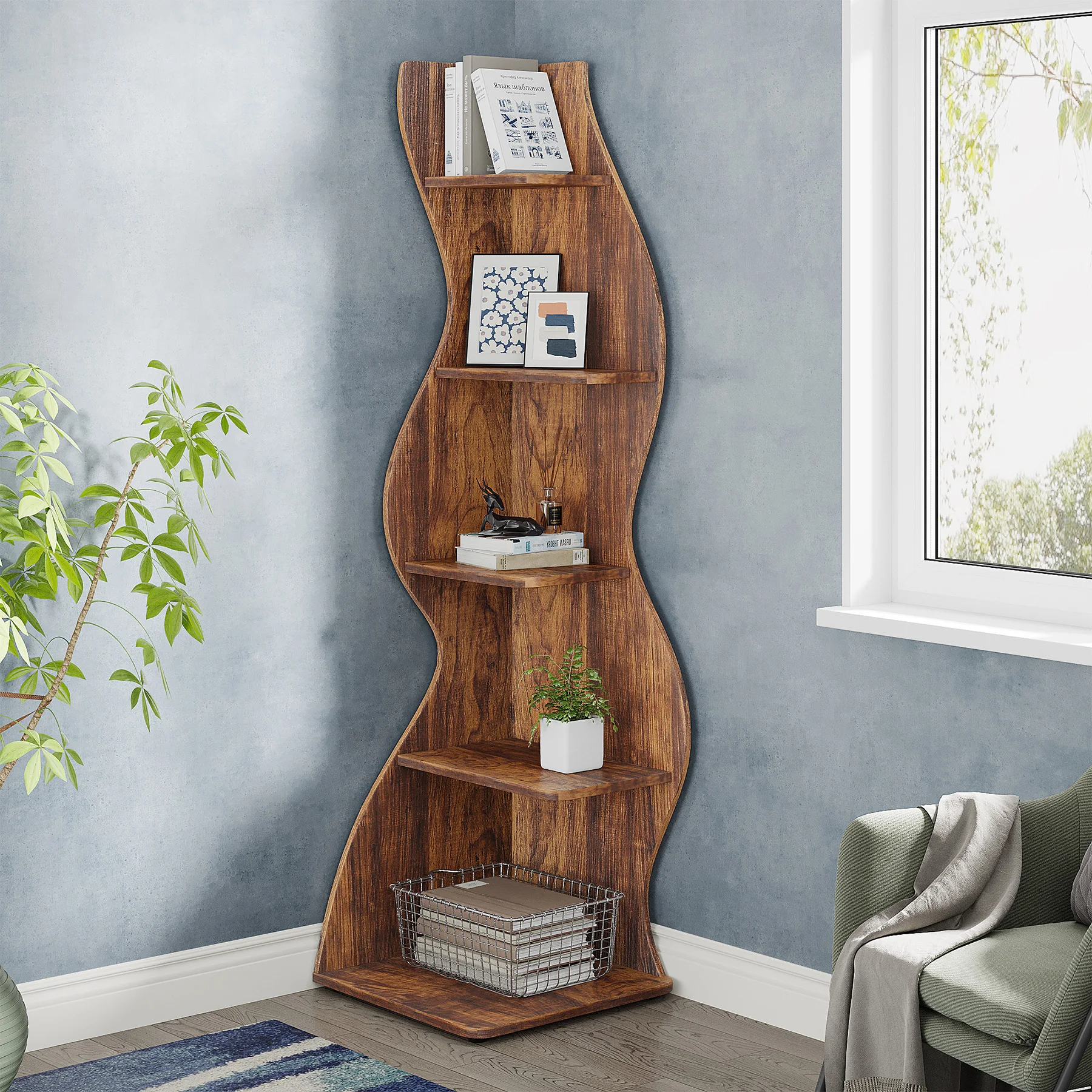 Étagère D'angle Bibliothèque D'angle Étagère D'angle À 6 Niveaux, Étagère D' Angle En Bois, Bibliothèque D'angle, Présentoir D'angle, Rangement Pour Salon Étagère De Rangement Étagère De Plantes(Color