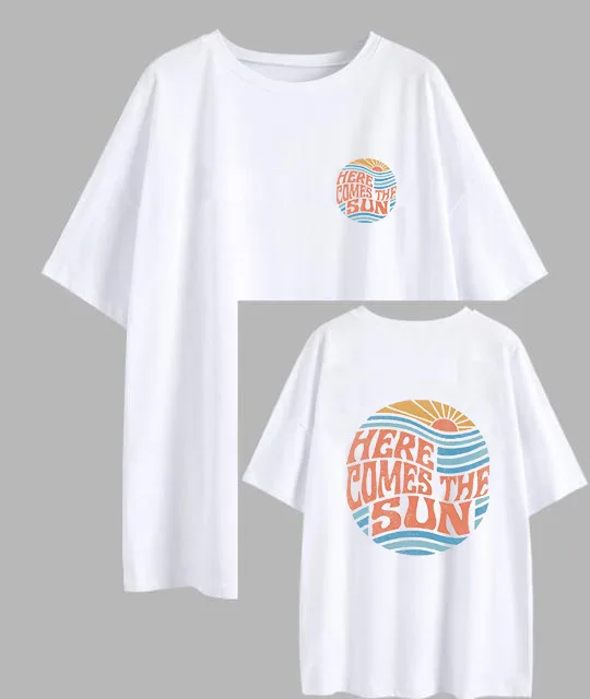 HERT COMES THE SUN 여성용 티셔츠, 2023 소프트 O넥 레터 프린트 티, 캐주얼 반팔, 올매치 여성 상의