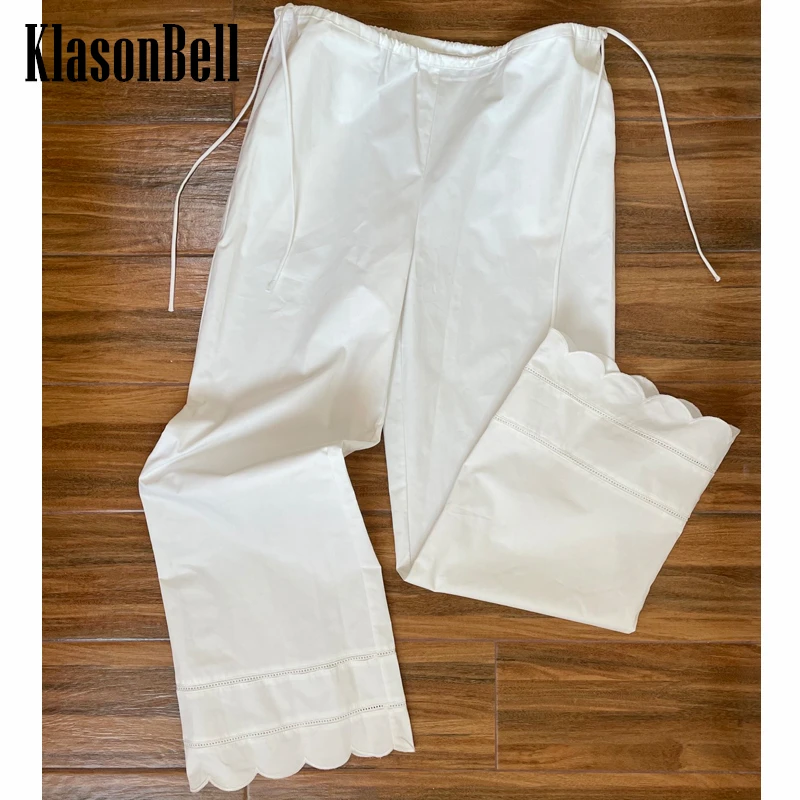 

5.26 KlasonBell Blogger Fashion Street Drawstring Bandage Waist Cotton Trousers Embroidery Hollow Out Hem Wide Leg Pants Women