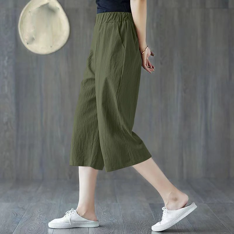 Fashion Elastic Solid Color Pockets All-match High Waist Pants Women's Clothing 2024 Summer New Loose Commuter Capri Pants