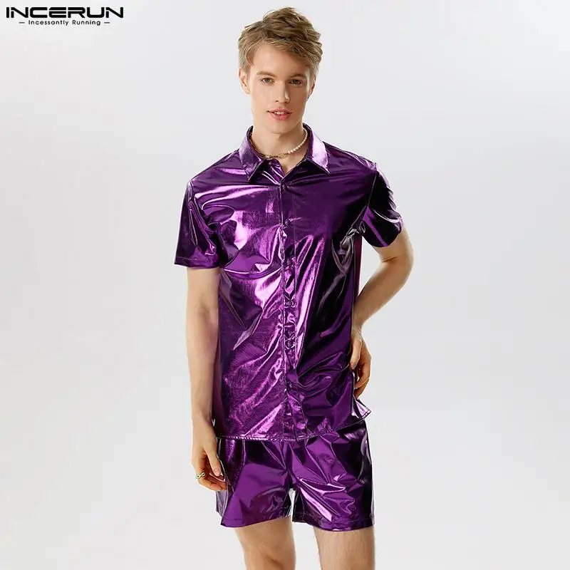 

INCERUN 2023 American Style Handsome New Men's Short Sleeved Shirts Shorts Fashion Casual Male Flash Fabric Two-piece Sets S-5XL
