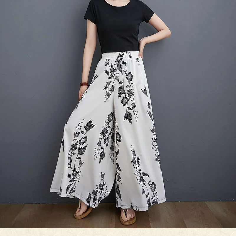 Korean Summer New Casual Loose Wide Legged Pants Women Fashion Print Elastic High Waist Thin Patchwork Large Hem Skirt Trousers