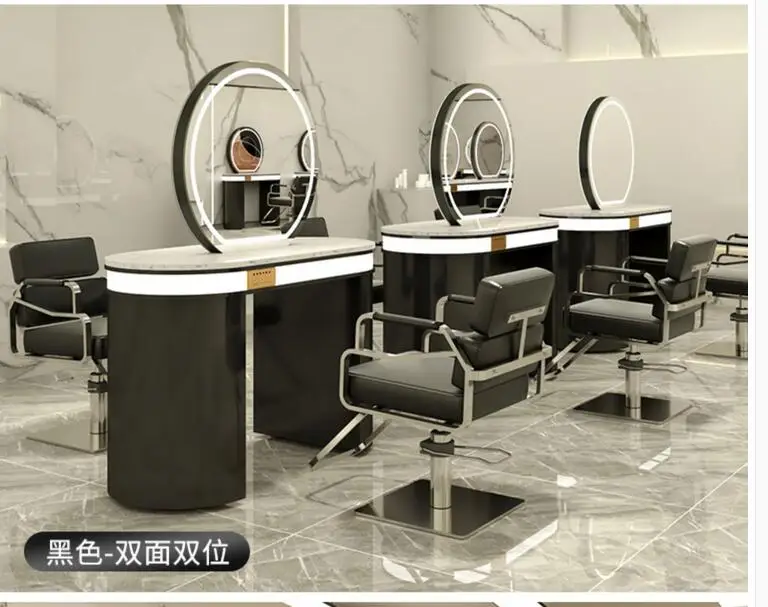 Barber shop wireless charging with lamp marble double-sided single-sided four or six sided stainless steel mirror table special