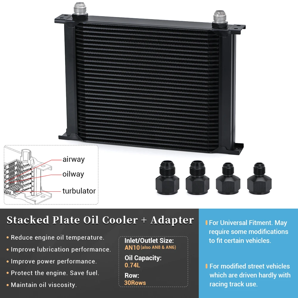 Engine Transmission Oil Cooler Kit Universal British Type 30 Row with 10AN Female to 8AN 6AN Male Fitting Adapter WLR7030