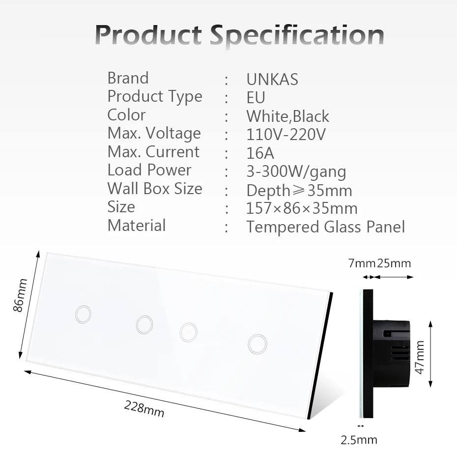 Interruptor de Luz Trabalho para Tuya 1 + 2 + 1 Unkas Gang Wifi Toque on - Off Branco Preto 228mm Classe Painel Alexa Google Casa Tomada 4 3 interruptor de luz 1 + 2 +